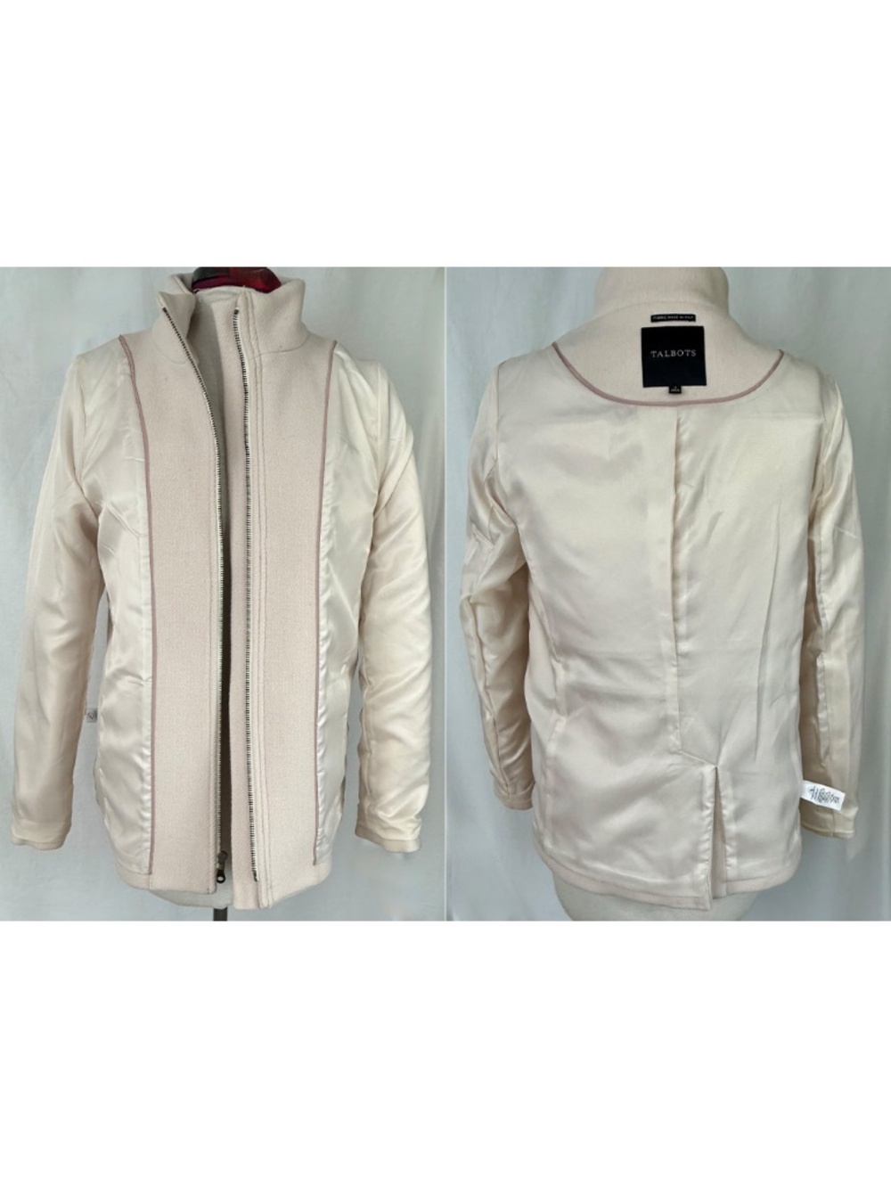 TALBOTS Size 4 Ivory Wool Blend Faux Fur Trim Detachable Hood Toggle Coat Jacket - Picture 10 of 10